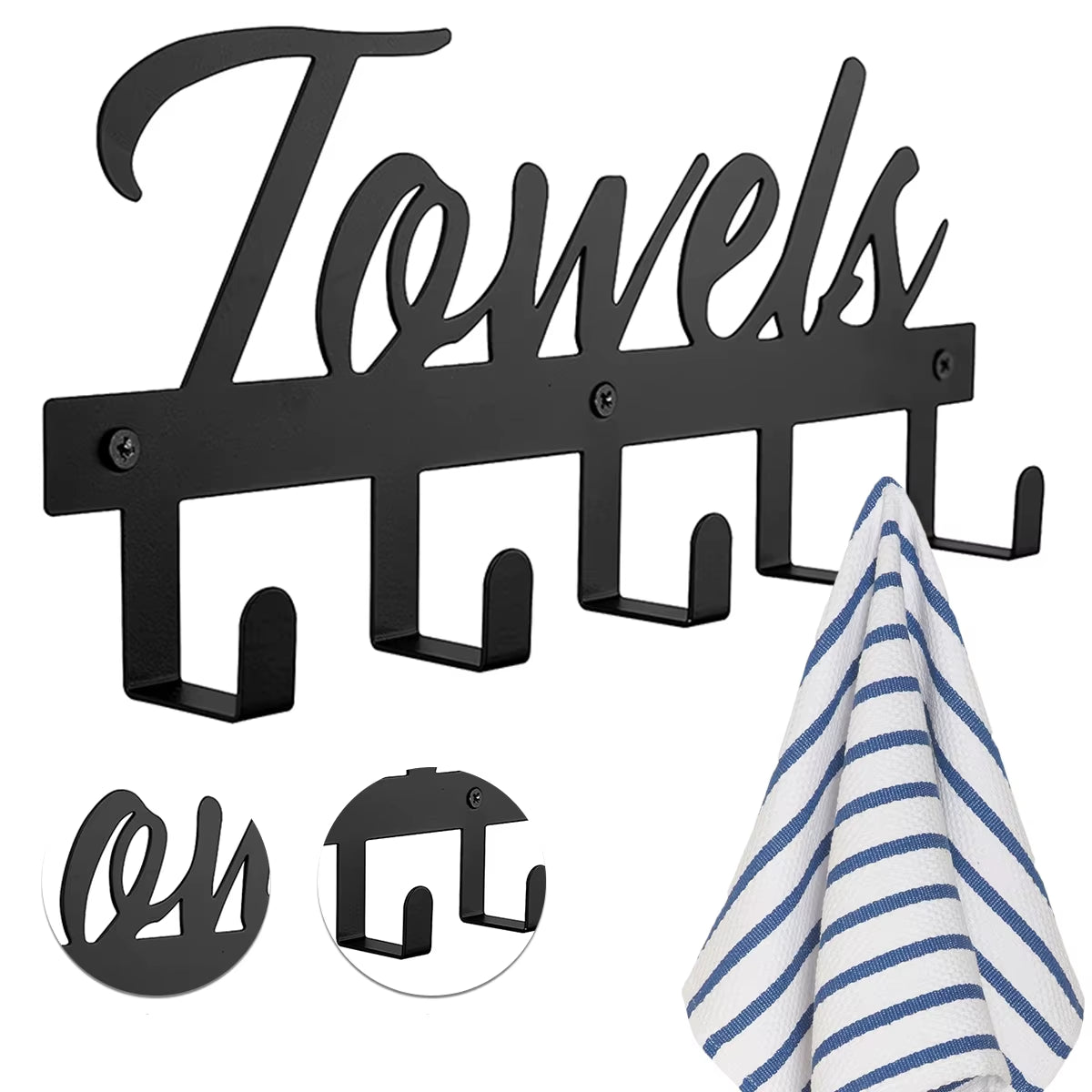 Wall-Mounted Towel Rack with Movable Holder and 5 Hooks - Waterproof Towel Shelf Organizer for Bathroom Accessories