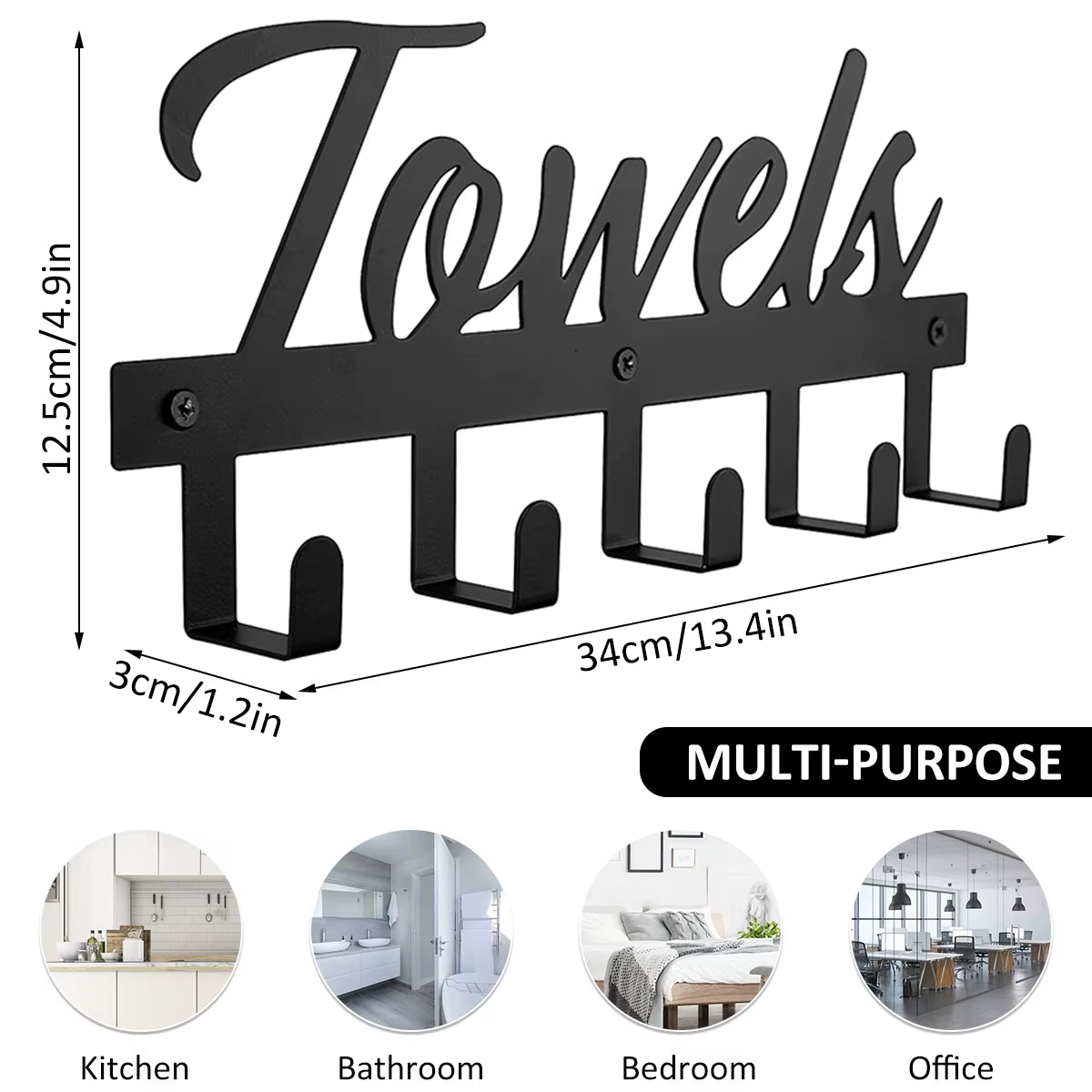 Wall-Mounted Towel Rack with Movable Holder and 5 Hooks - Waterproof Towel Shelf Organizer for Bathroom Accessories